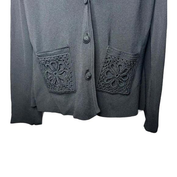 BCBG Max Azria Women's Sz L Black Jersey Knit Cardigan w/ Crochet Pockets (1586) - Picture 3 of 6